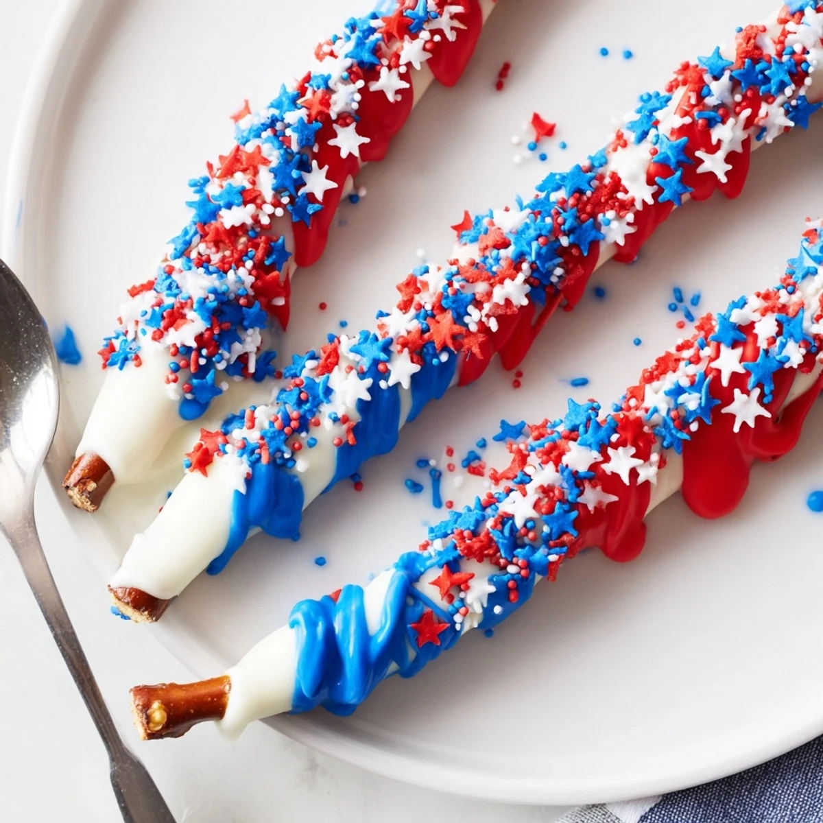 Stacked Patriotic Pretzel Rods sprinkled with red, white, and blue nonpareils.