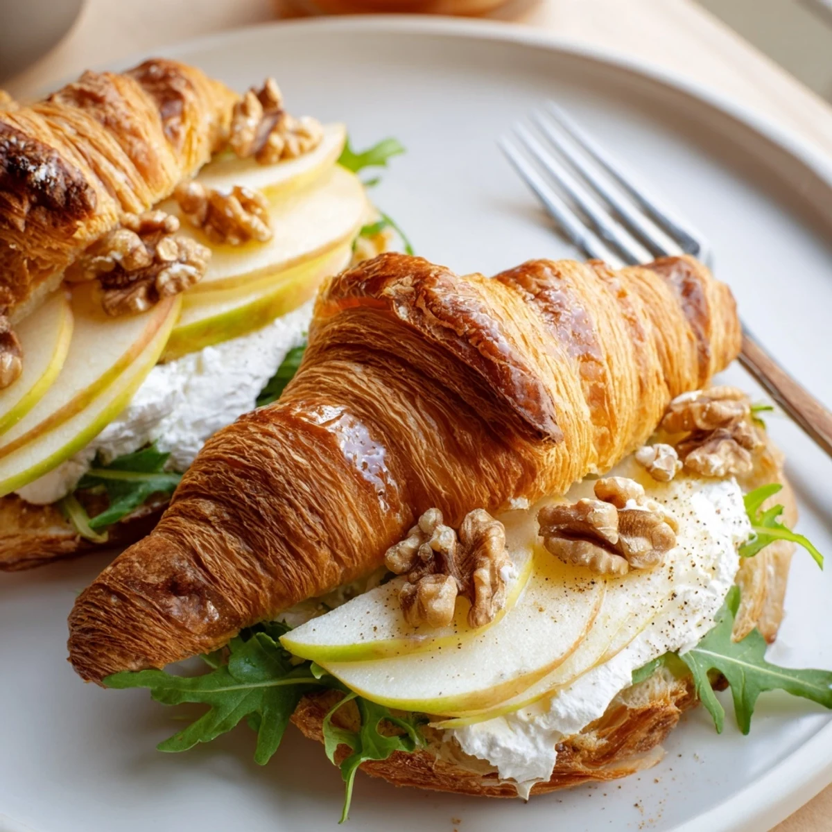 Warm Apple Goat Cheese Croissant Sandwich with honey drizzle, flaky buttery layers.