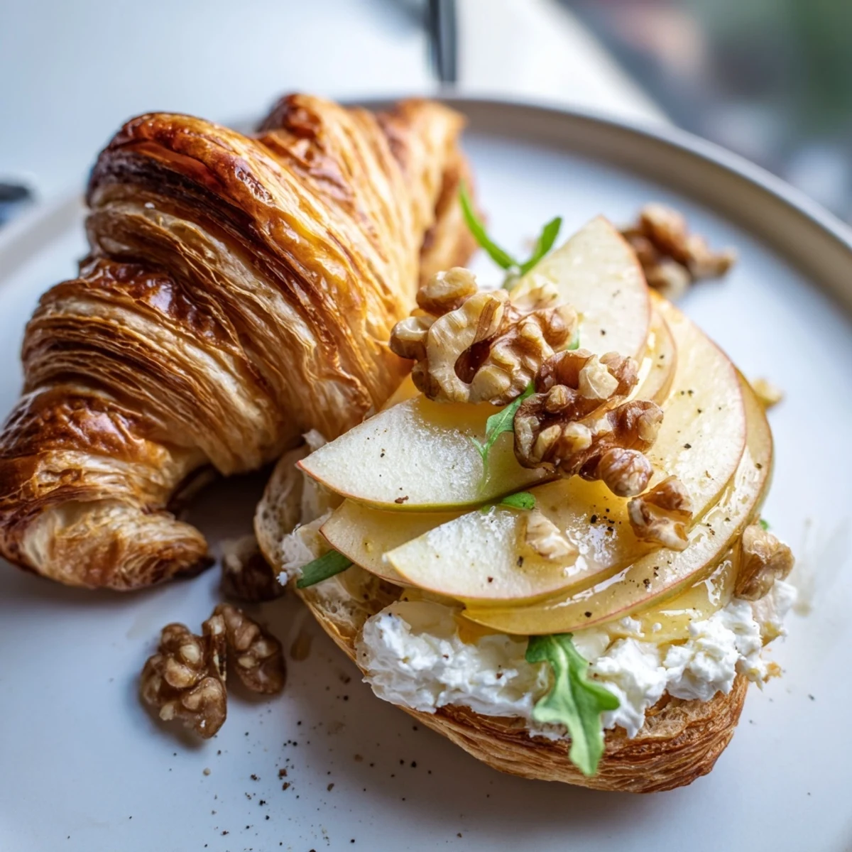 Toasted croissant becomes Apple Goat Cheese Croissant Sandwich with crisp apples and arugula.