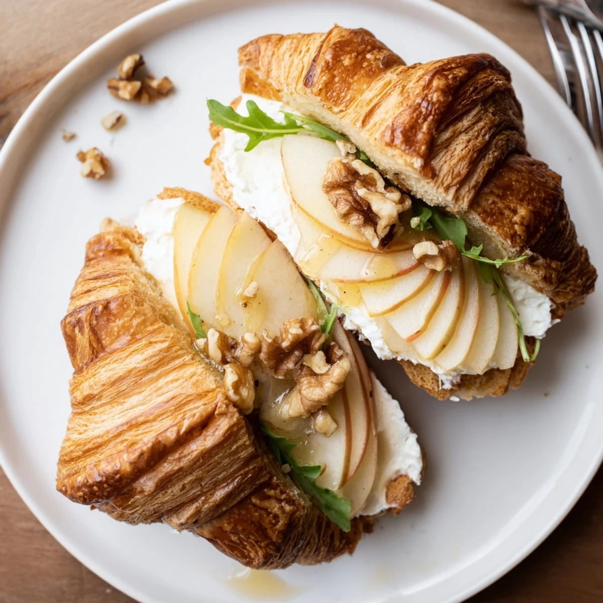 Open golden croissant topped with pecans and pepper, Apple Goat Cheese Croissant Sandwich.