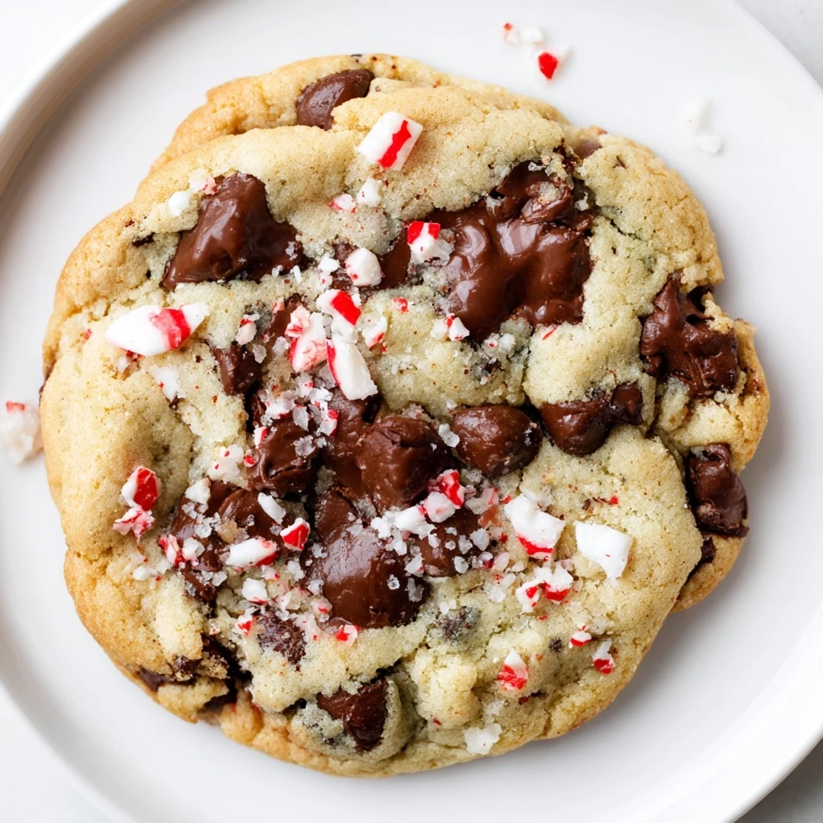 Warm Peppermint Chocolate Chip Cookies stacked on plate, flecks of candy, steaming
