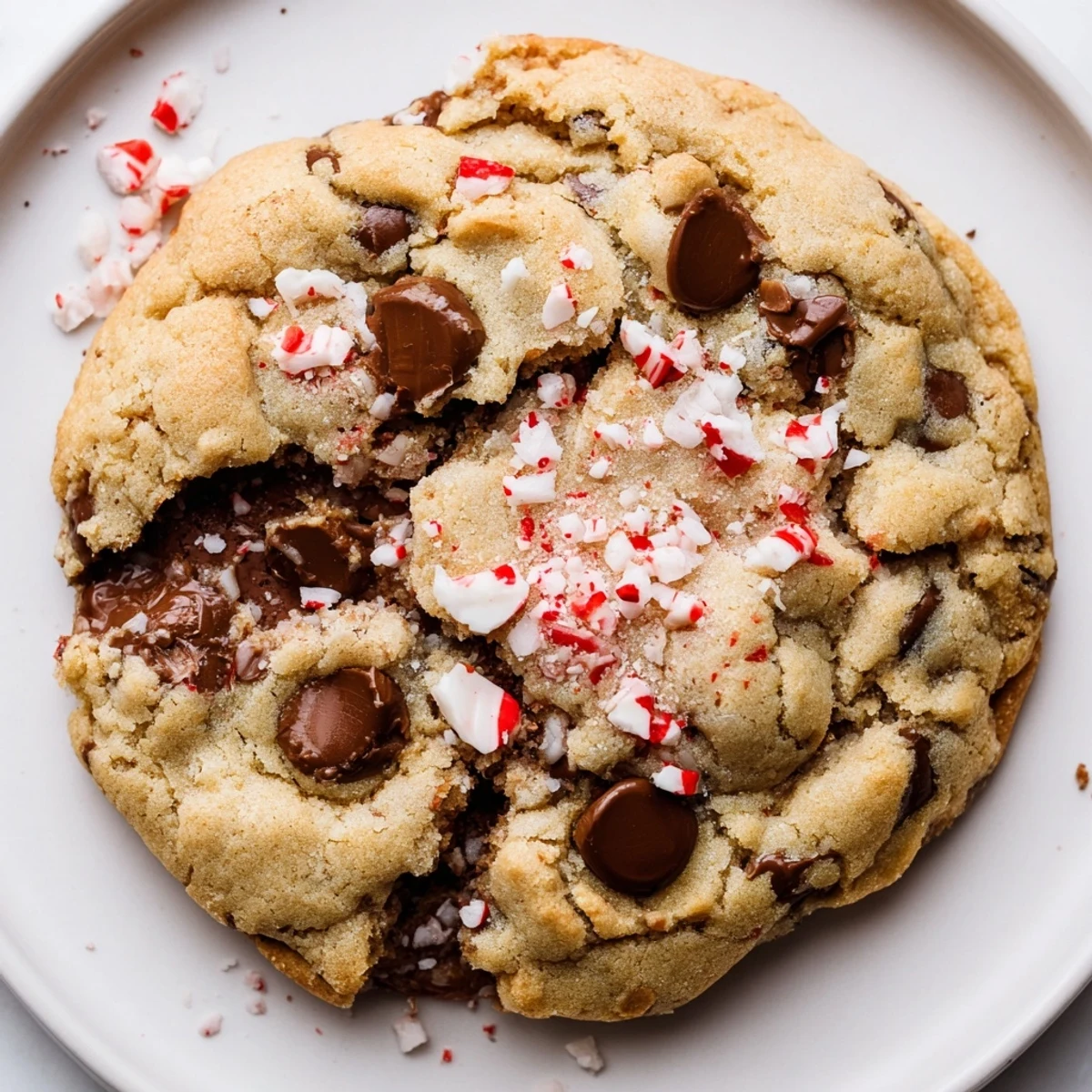 Chewy Peppermint Chocolate Chip Cookies dotted with glossy chips, served with milk