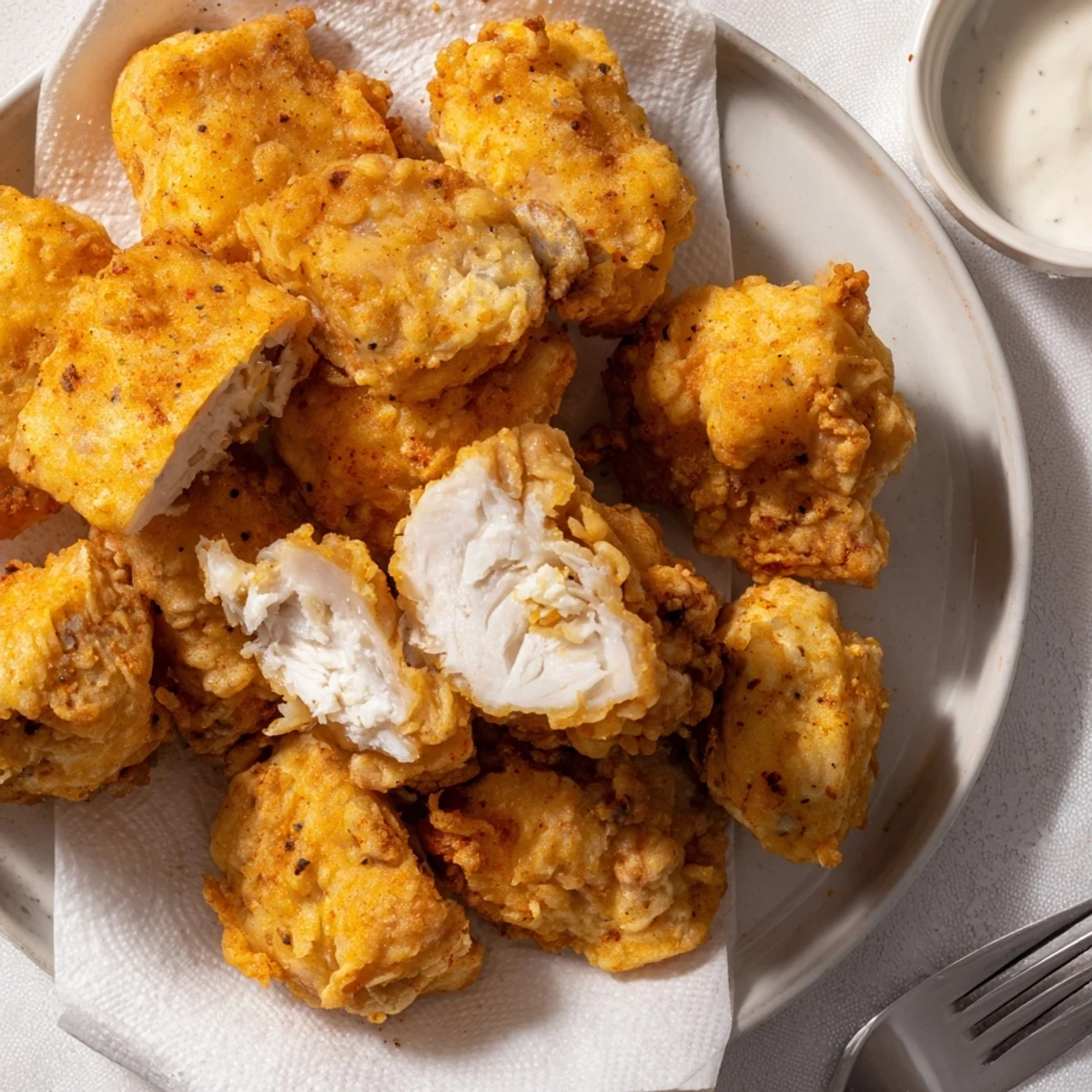 Crispy golden Chicken Bites steaming on a plate with ranch dipping sauce