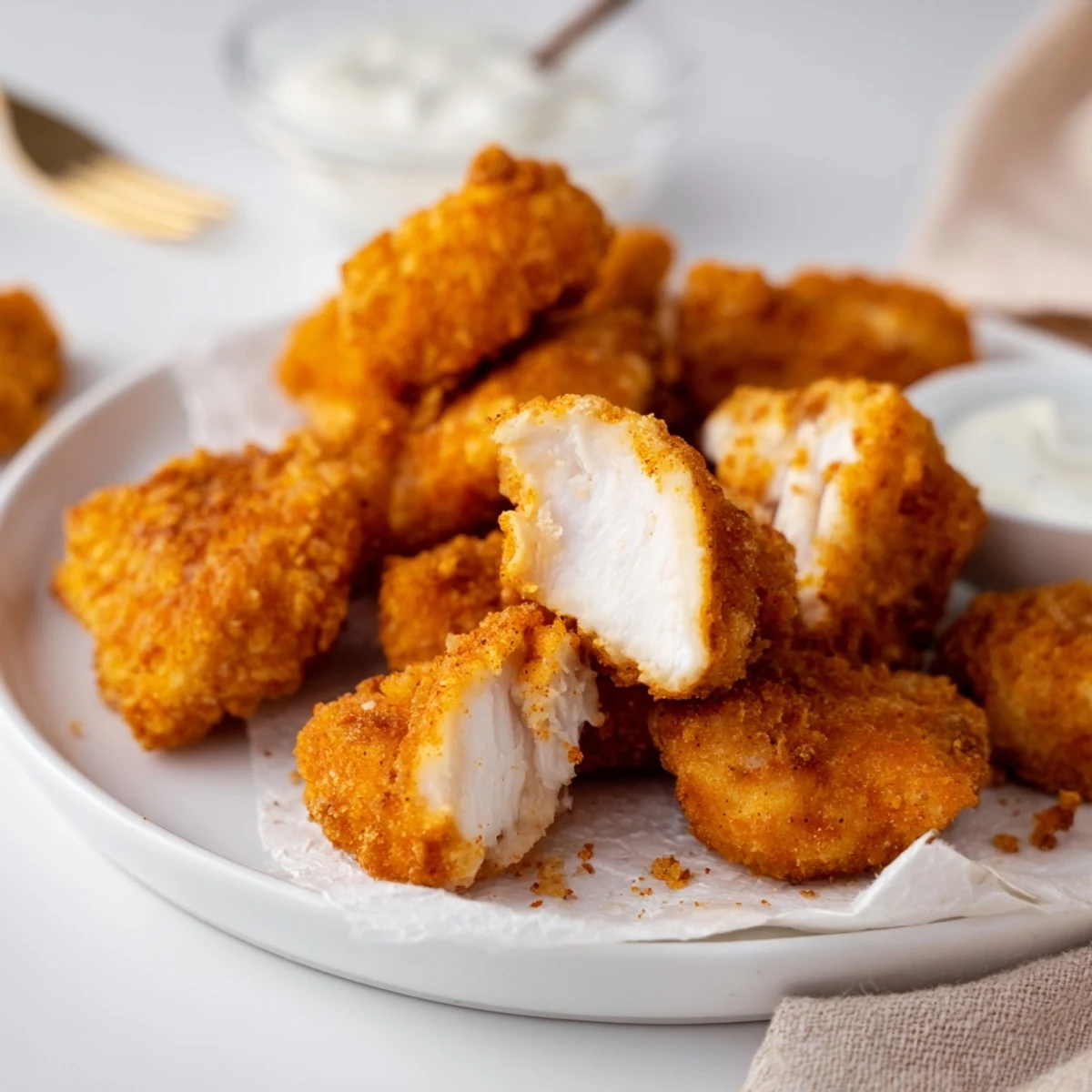 Juicy breaded Chicken Bites piled on a wooden board, sprinkled parsley
