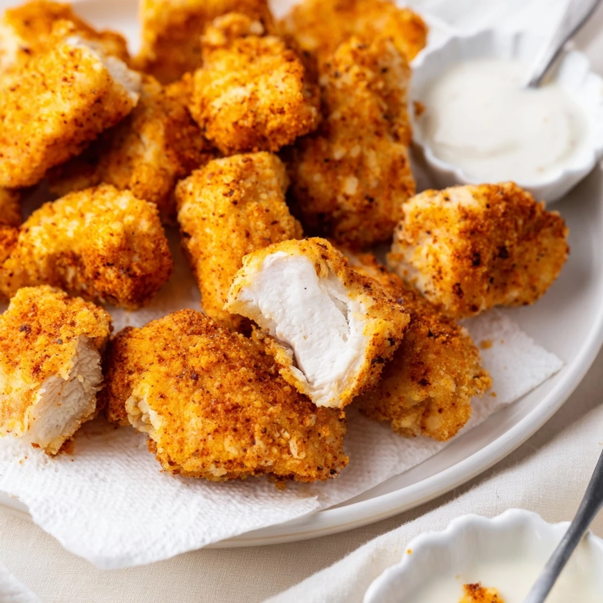 Buttermilk-marinated Chicken Bites frying to a crunchy crust, served hot