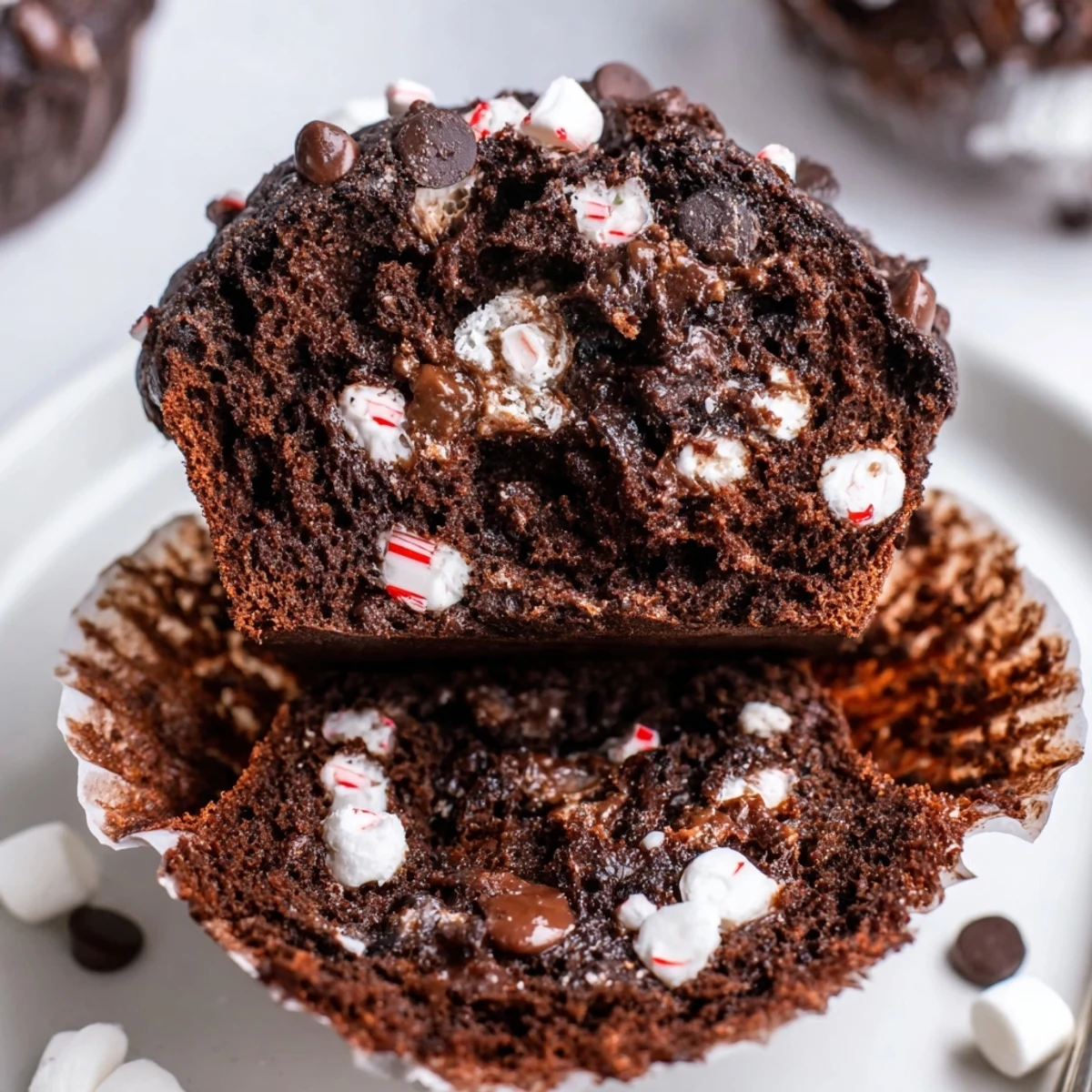 Peppermint Hot Chocolate Muffins with glossy chocolate chips and crushed peppermint, warm