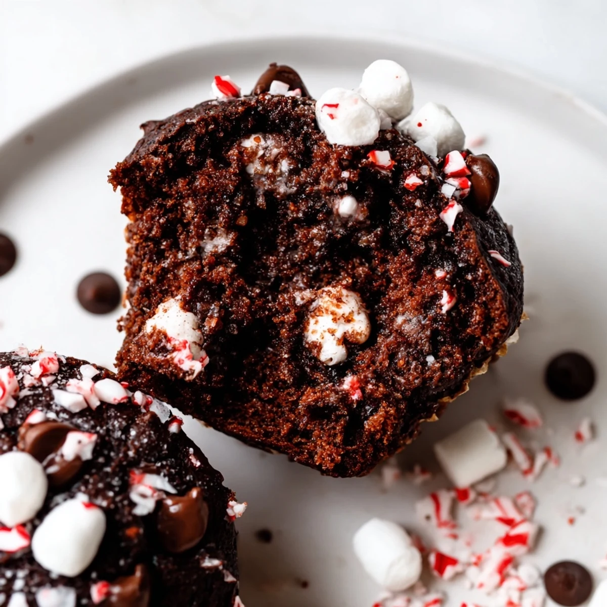Serve Peppermint Hot Chocolate Muffins with whipped cream and extra crushed candy