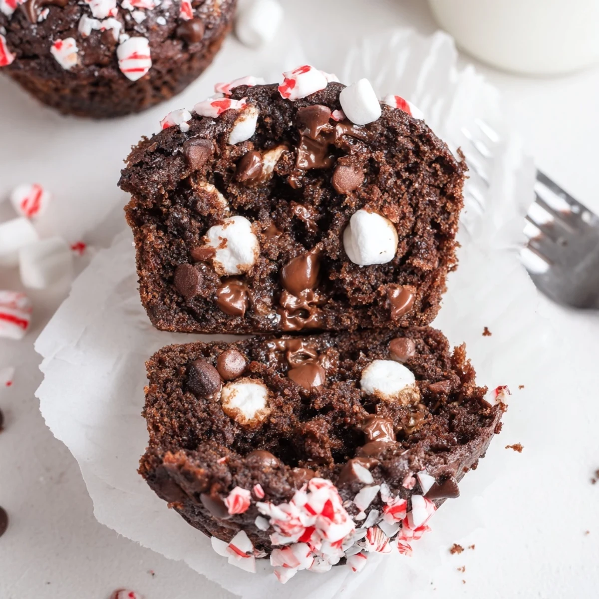 Peppermint Hot Chocolate Muffins pictured cooling on a wire rack, marshmallow-topped