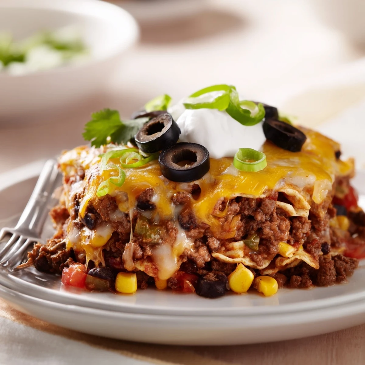 Cheesy Nacho Casserole bubbling golden, layered with seasoned beef and crunchy chips