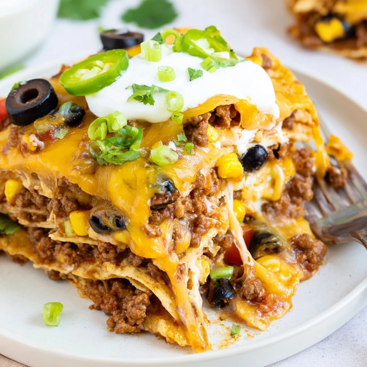 Family-style Cheesy Nacho Casserole served hot with guacamole and salsa sides