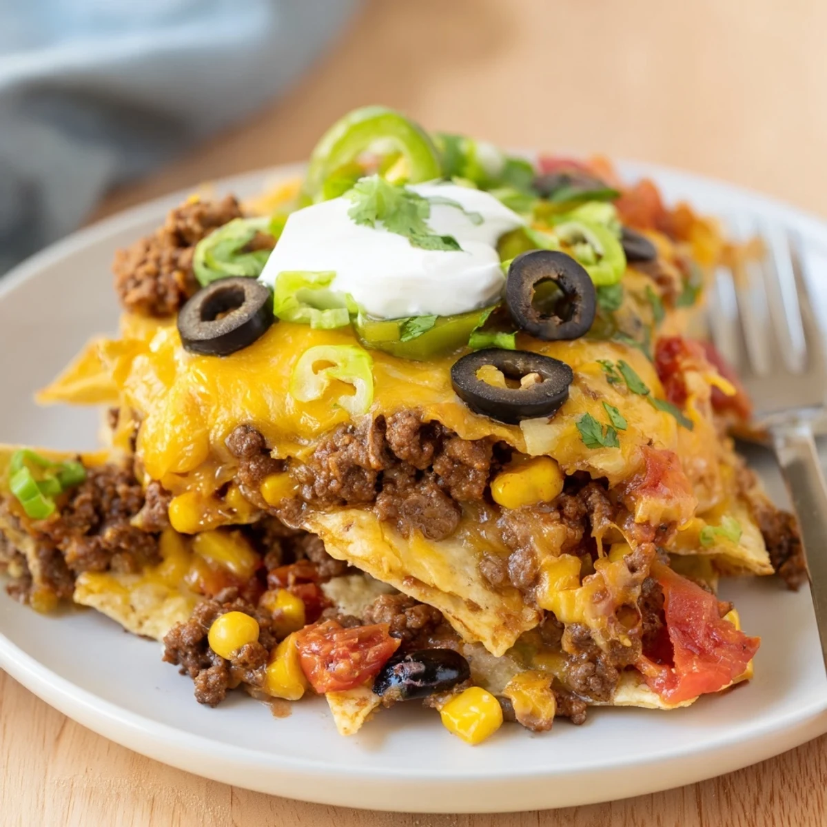 Oven-fresh Cheesy Nacho Casserole topped with sour cream, cilantro, and jalapeños