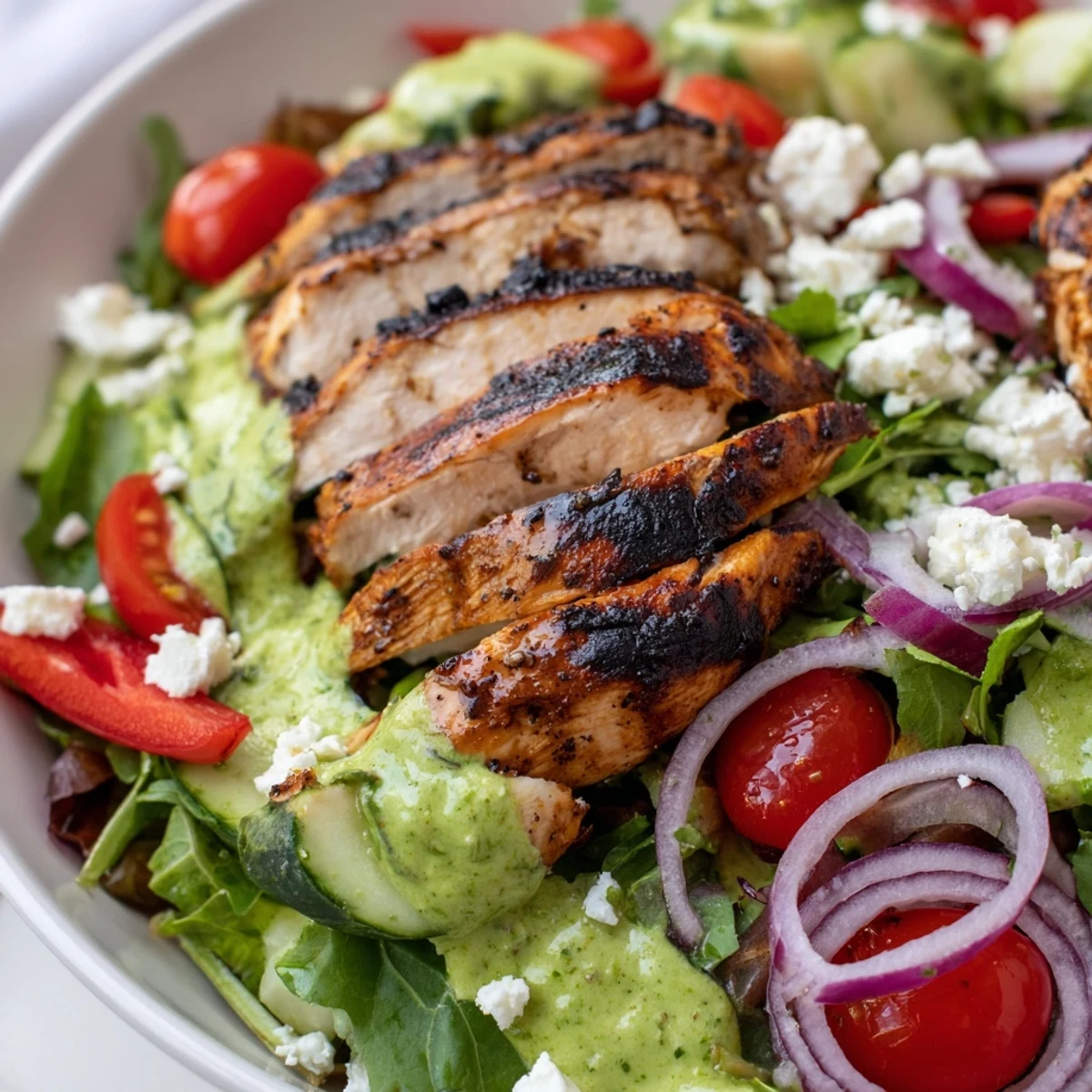Bright Grilled Chicken Salad Avocado Herb Dressing Recipe drizzled with creamy zesty dressing.