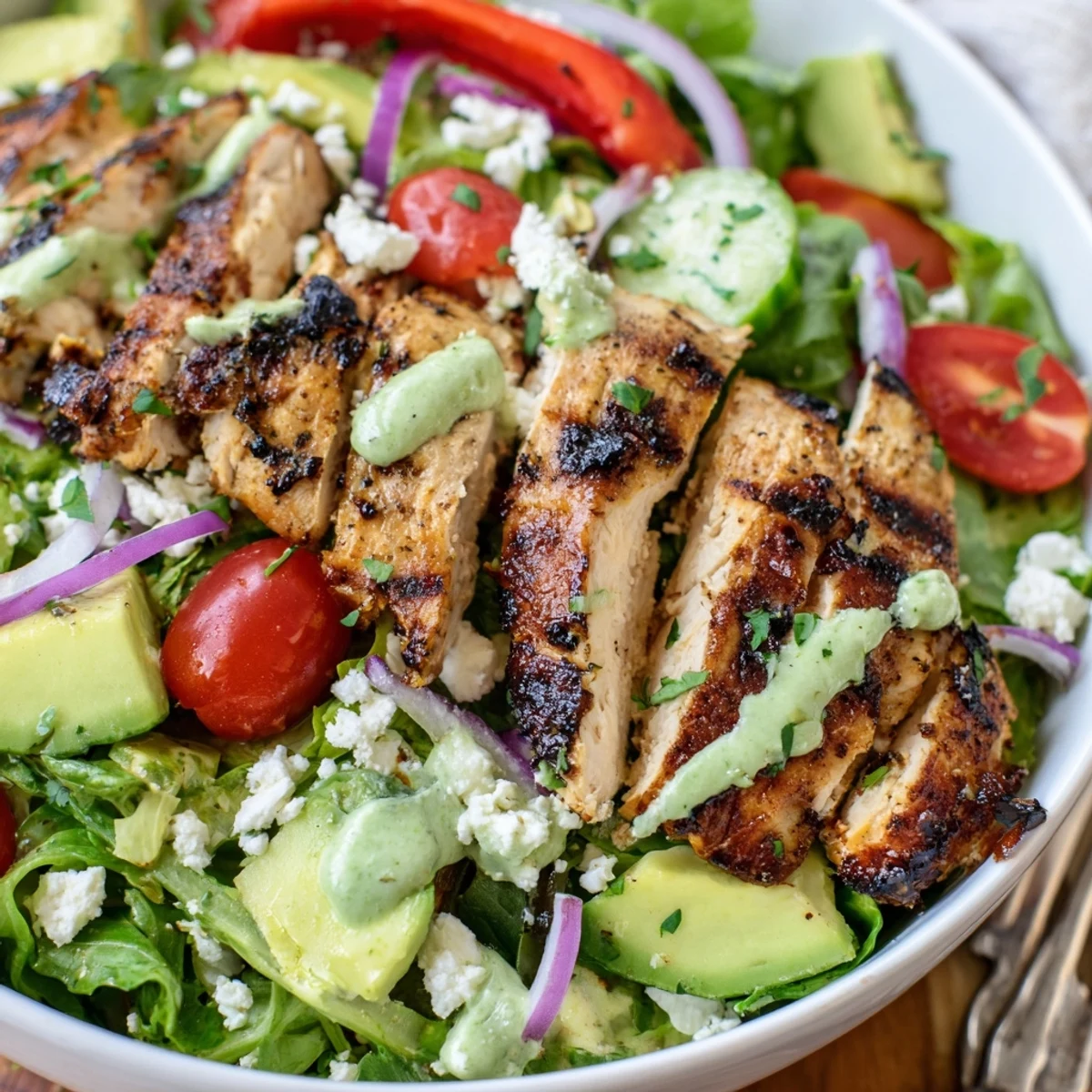 Grilled Chicken Salad Avocado Herb Dressing Recipe with sliced smoky chicken and vibrant greens.