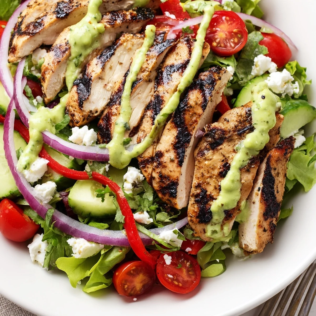 Weekend lunch Grilled Chicken Salad Avocado Herb Dressing Recipe served warm with crisp cucumbers.