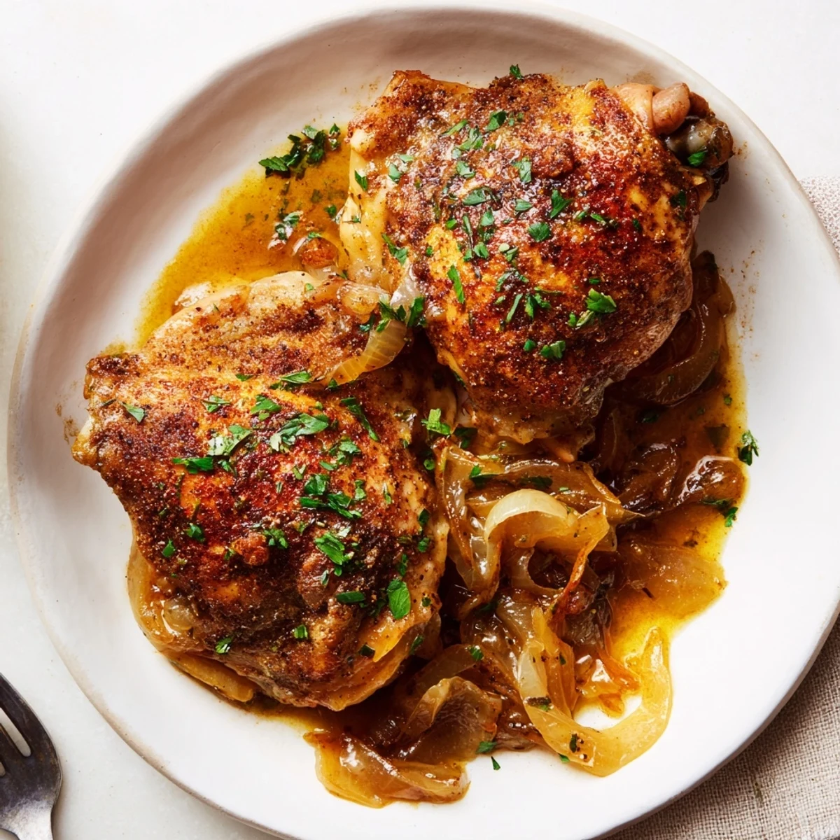 Savory Smothered Chicken Thighs In Rich Gravy Recipe with golden seared skin, steaming