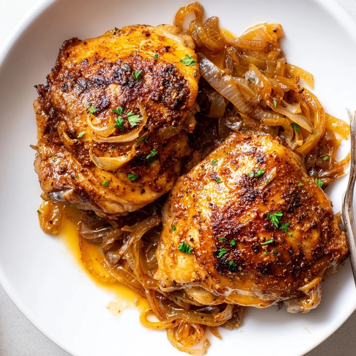 Savory Smothered Chicken Thighs In Rich Gravy Recipe slow-simmered until juicy, topped with parsley