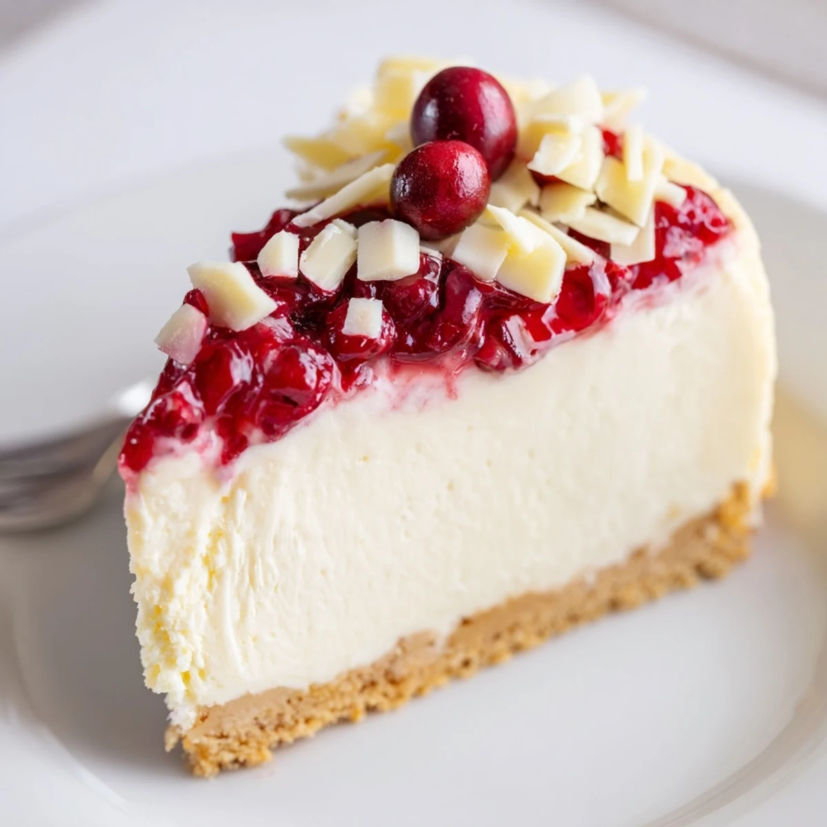 No Bake Cranberry White Chocolate Cheesecake with glossy cranberry topping and buttery crust