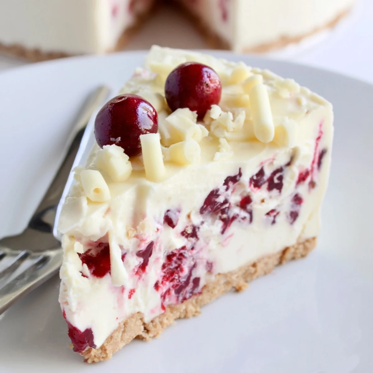 Chilled No Bake Cranberry White Chocolate Cheesecake sliced, creamy layers and fresh cranberry garnish