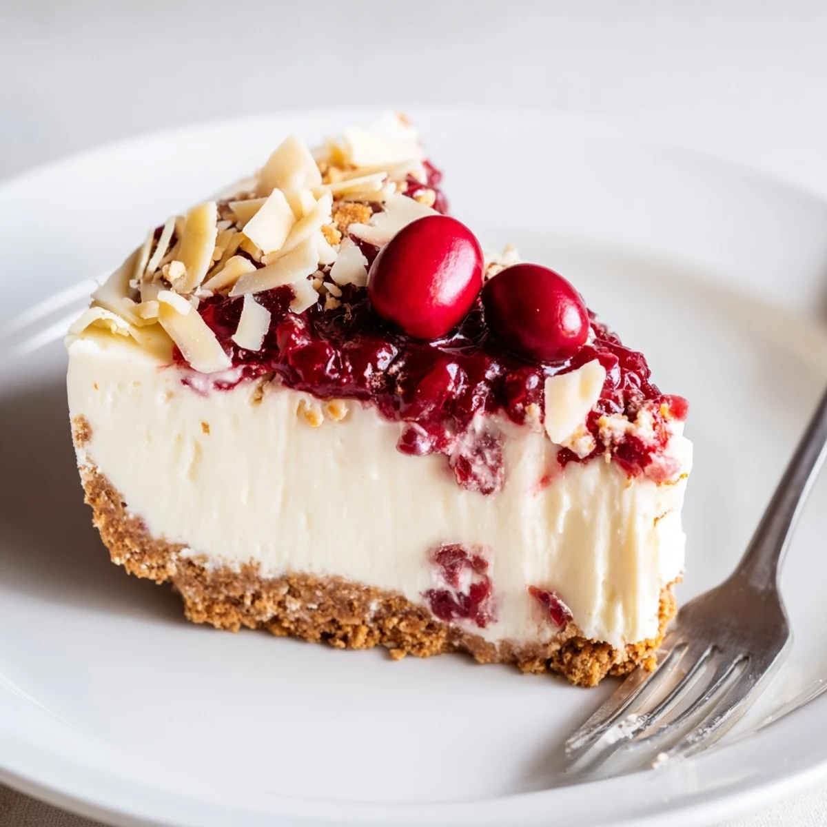 A festive No Bake Cranberry White Chocolate Cheesecake plated with zesty lemon and cream