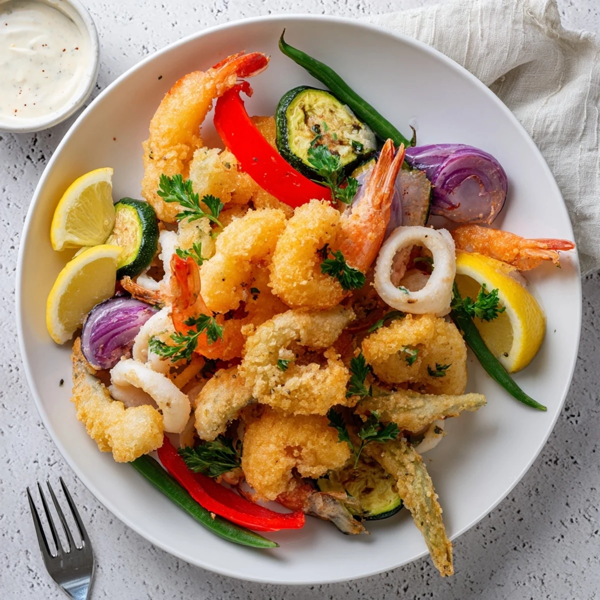 Crispy Shrimp Fritto Misto on platter, steam rising, lemon wedges