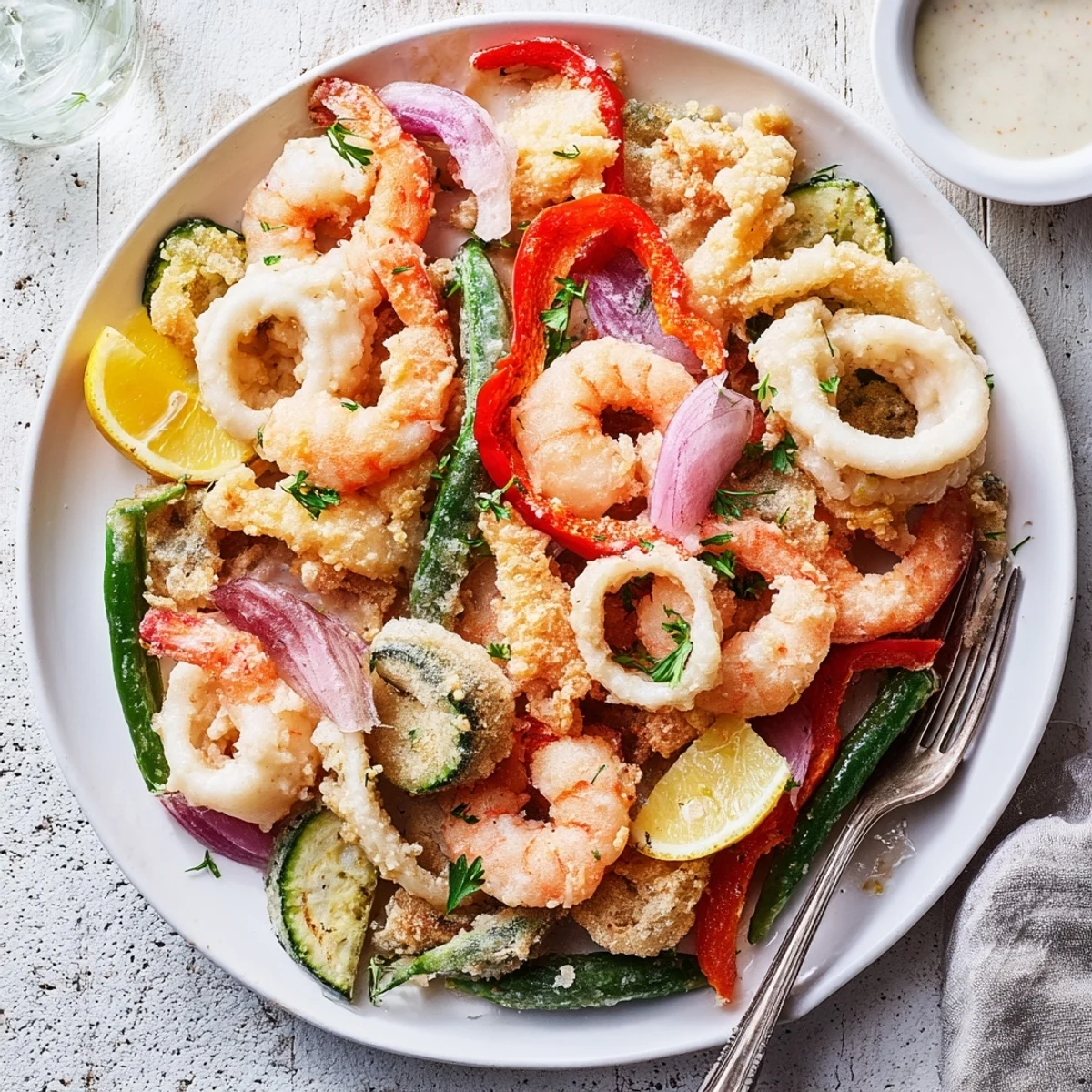 Paper towel-lined plate of Crispy Shrimp Fritto Misto glistening with oil