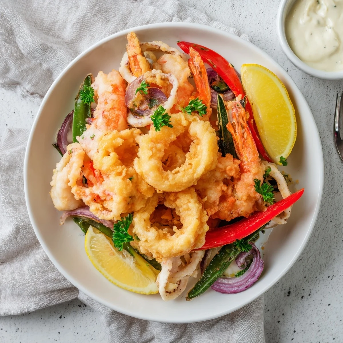 Golden, crackling Crispy Shrimp Fritto Misto served with aioli and chopped parsley