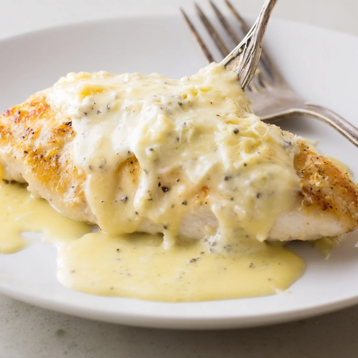 Weeknight Chicken With Cheese Sauce served with steamed broccoli and a lemon wedge