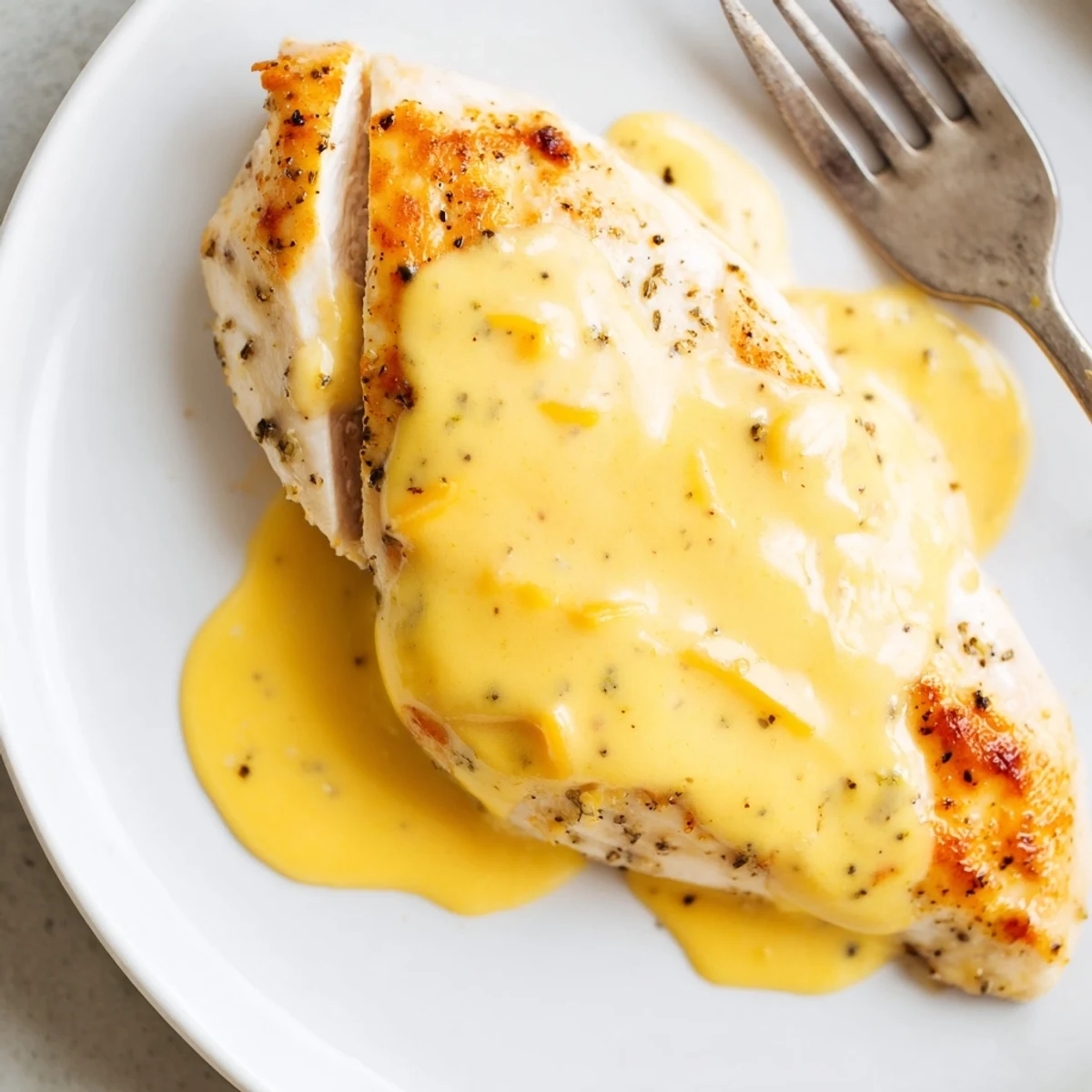 Seared Chicken With Cheese Sauce, silky cheddar sauce spooned over browned breasts