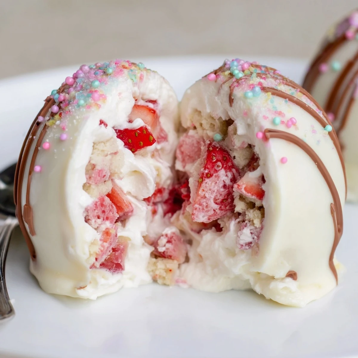 Handcrafted Strawberry Shortcake Easter Egg Bombs filled with macerated strawberries and whipped cream