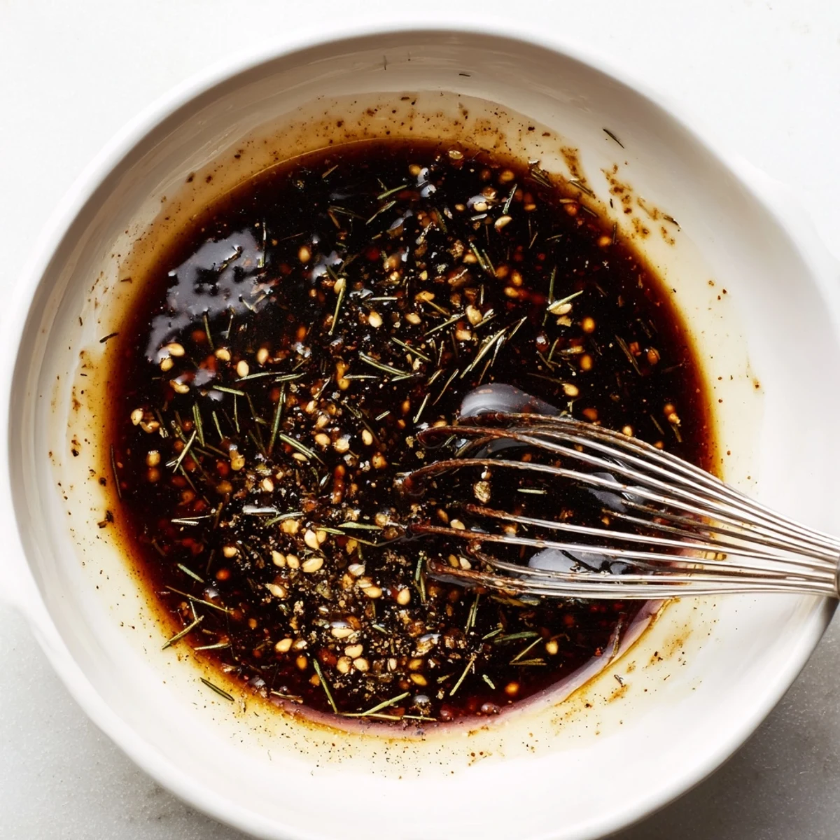 Steak Marinade glistening on sirloin, garlicky aroma, ready for grilling.