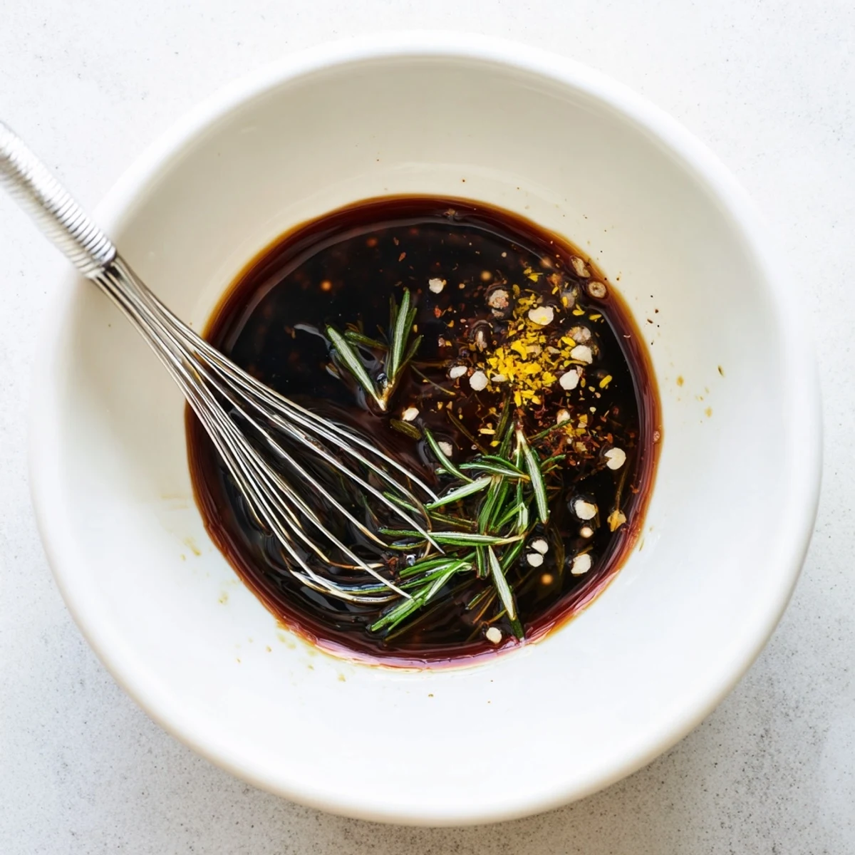 Bowl of Steak Marinade with minced garlic and rosemary, ready to pour.