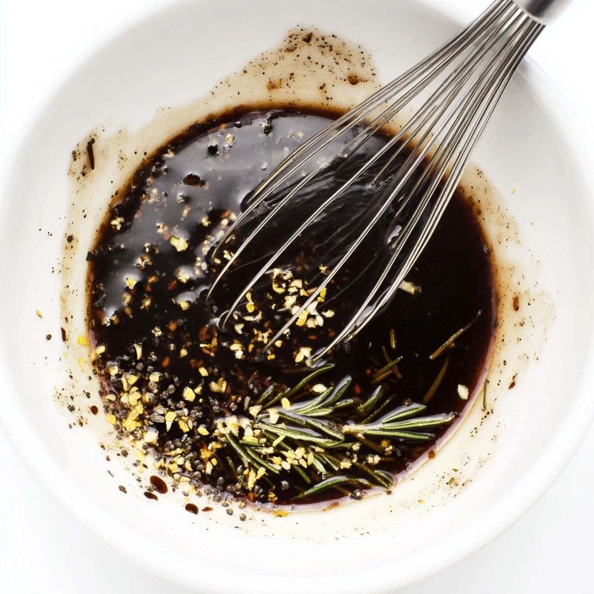 Homemade Steak Marinade soaking flank steak, tangy balsamic and lemon notes.