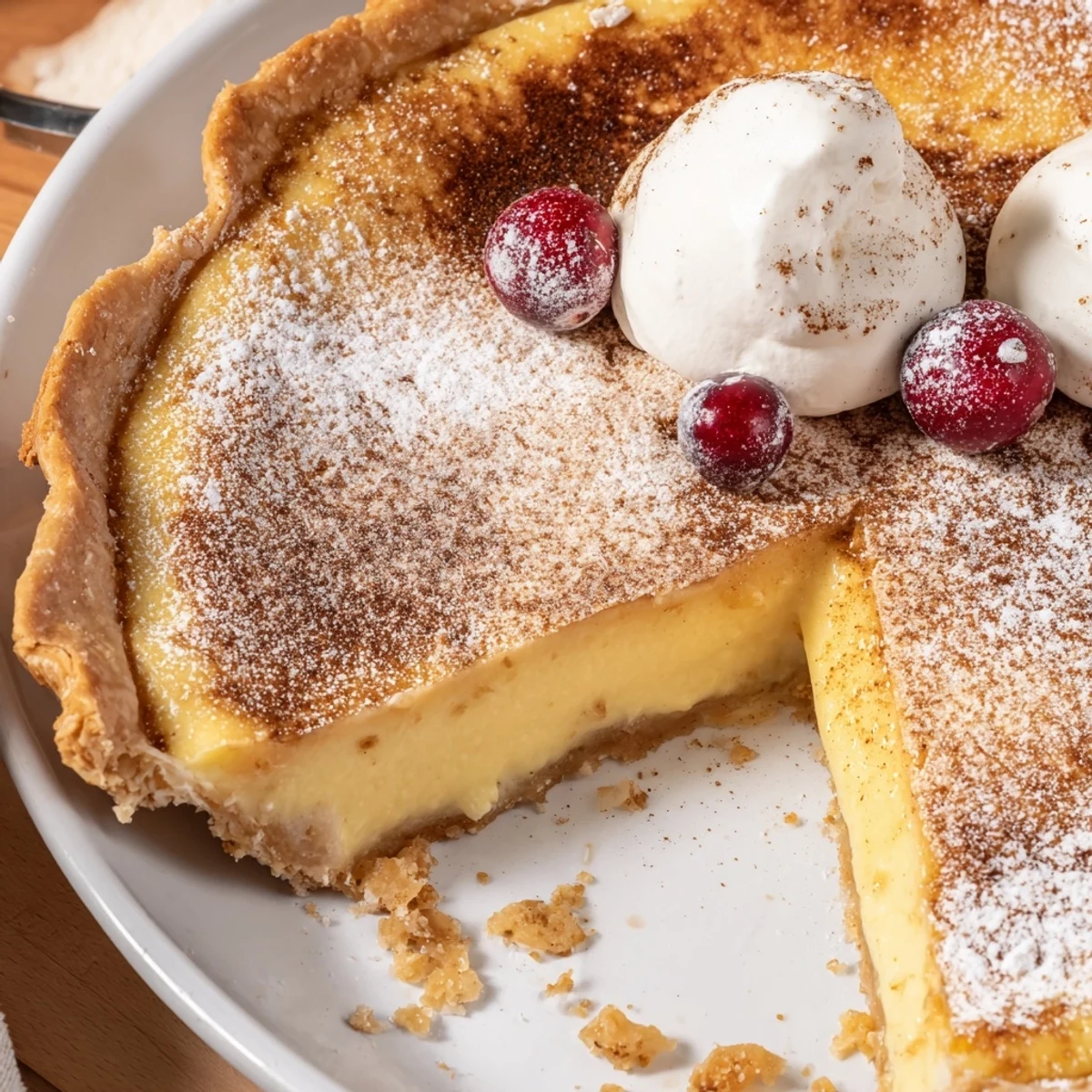 Sliced Christmas Eve Custard Pie With Cinnamon Vanilla resting on wire rack