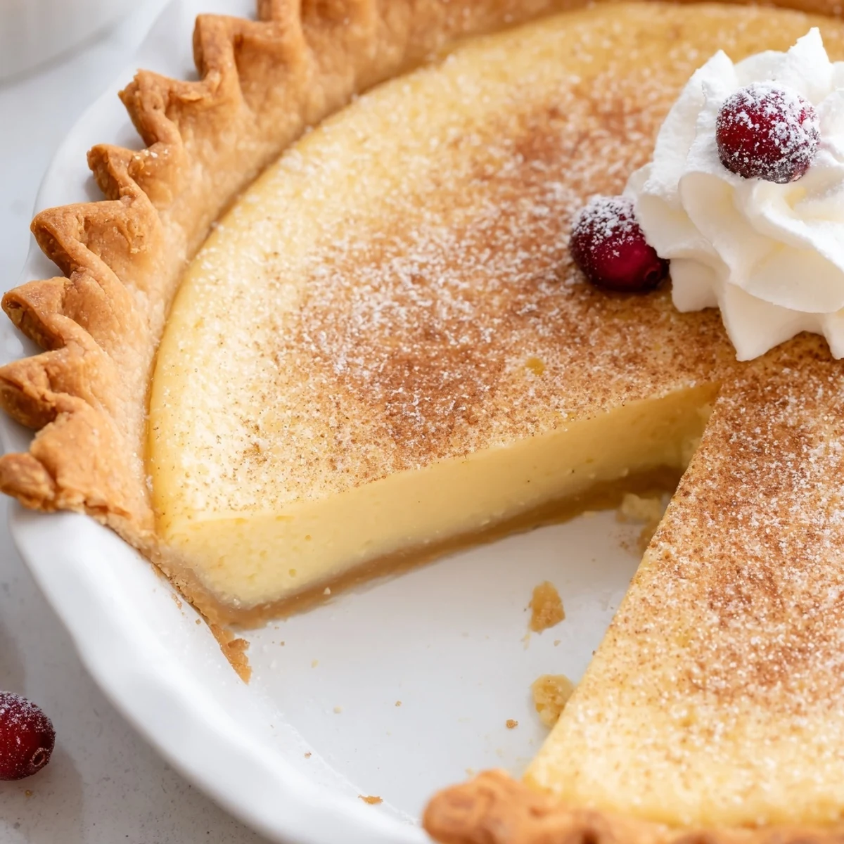 Warm, golden Christmas Eve Custard Pie With Cinnamon Vanilla dusted with powdered sugar