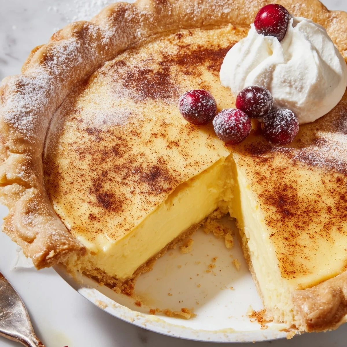 Aromatic Christmas Eve Custard Pie With Cinnamon Vanilla slice on festive plate