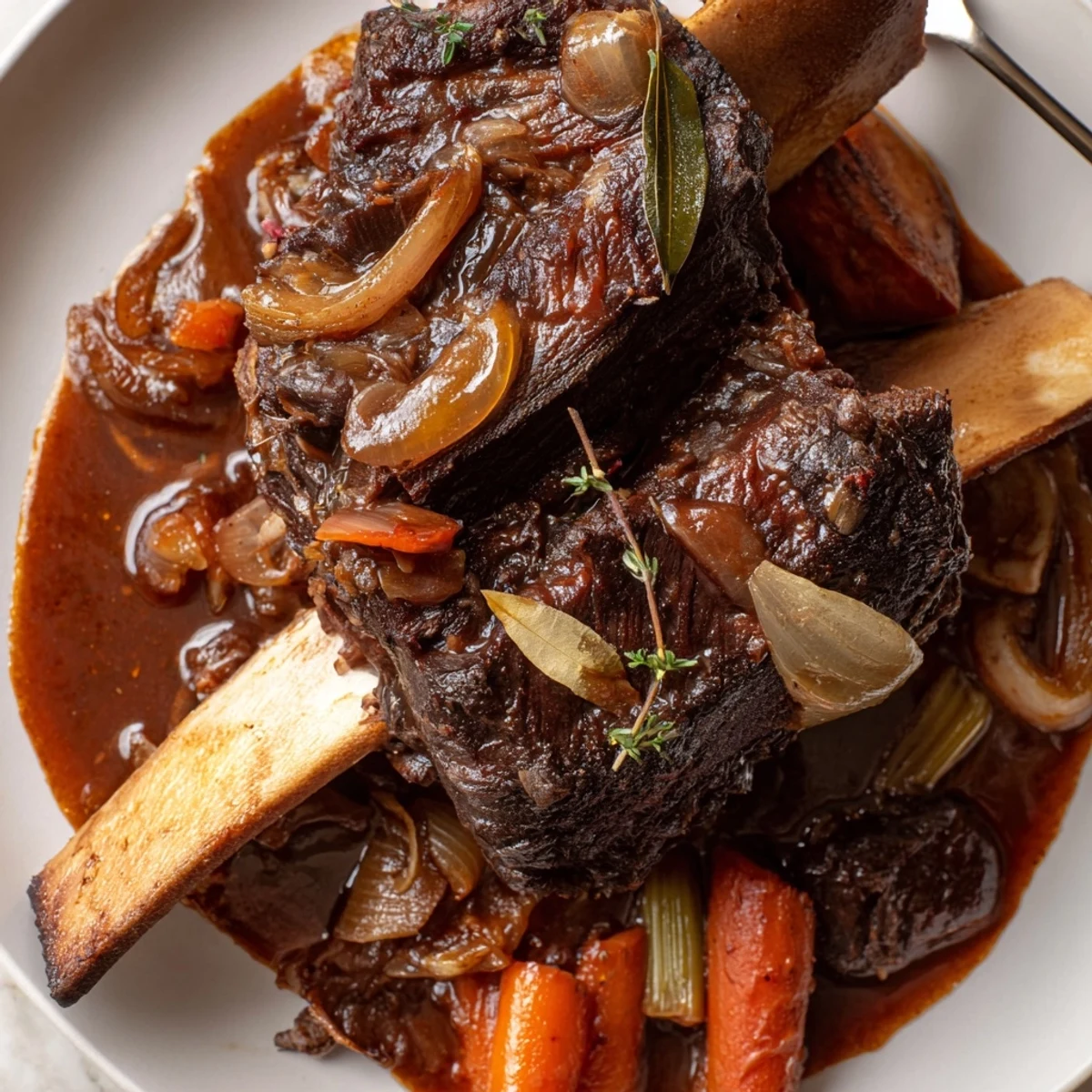 Braised until melt in your mouth, vegetables spooned over Slow Cooker Beef Short Ribs