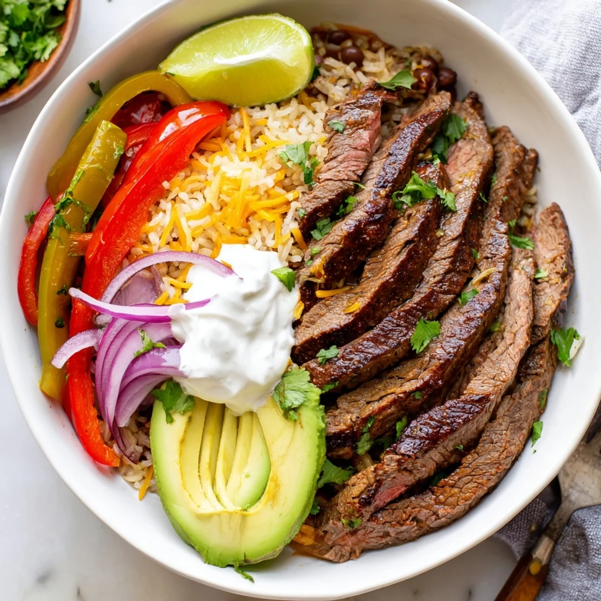 Steak Fajita Power Bowls with sizzling marinated steak and colorful sauteed peppers