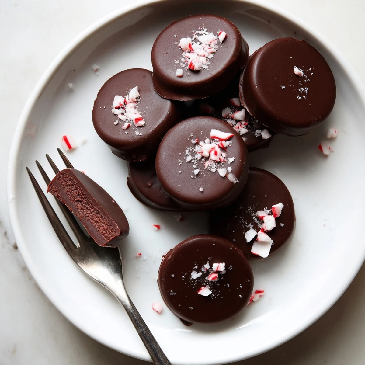 Peppermint Patties: glossy dark chocolate shells with creamy mint centers, frozen