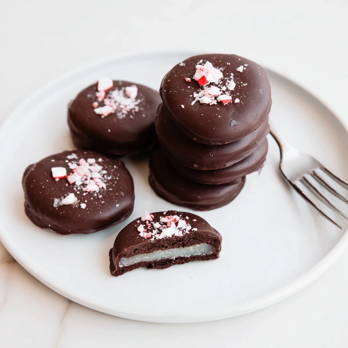 Homemade Peppermint Patties arranged on parchment, sprinkled with crushed candy