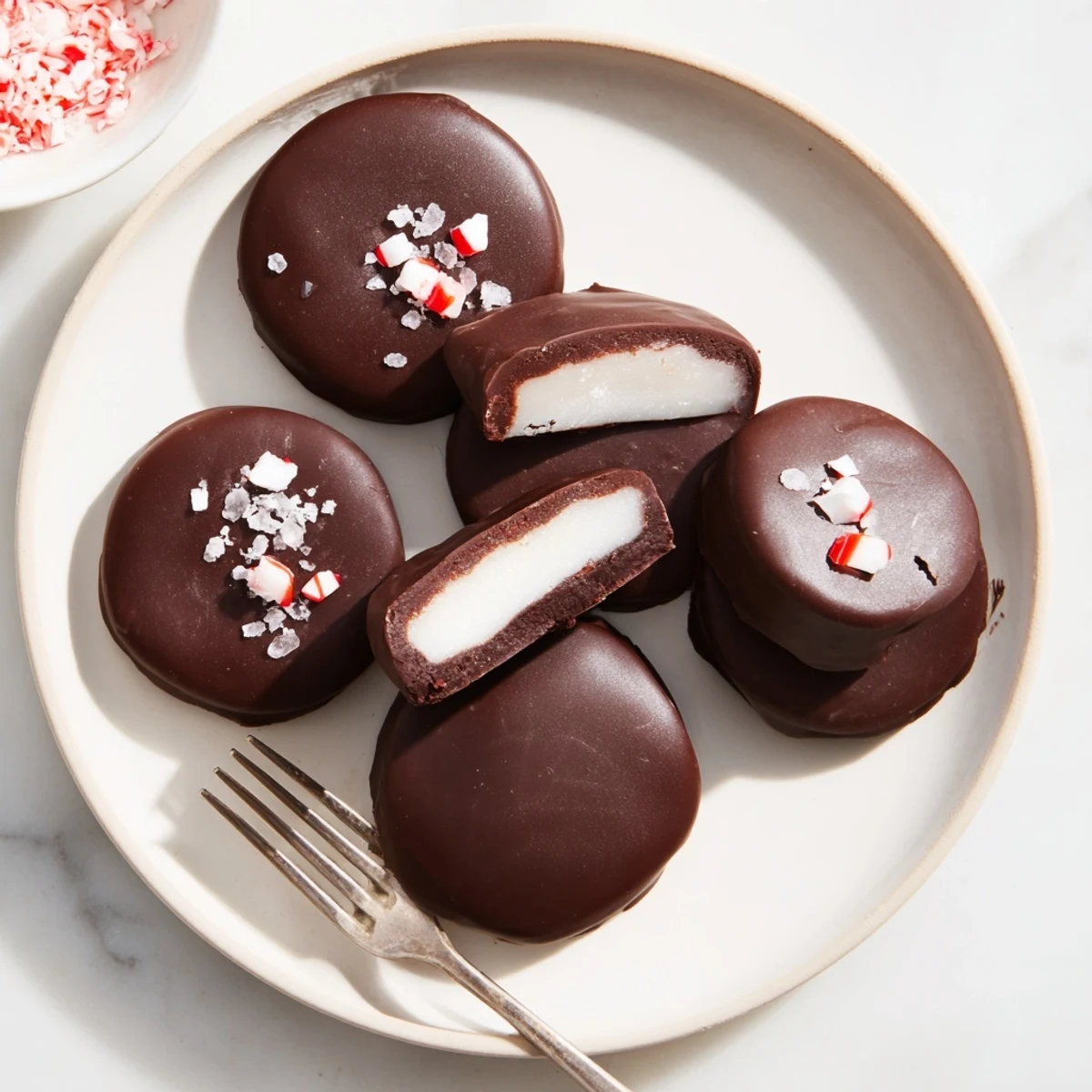 Peppermint Patties nestled in a gift box, sprinkled with flaky sea salt