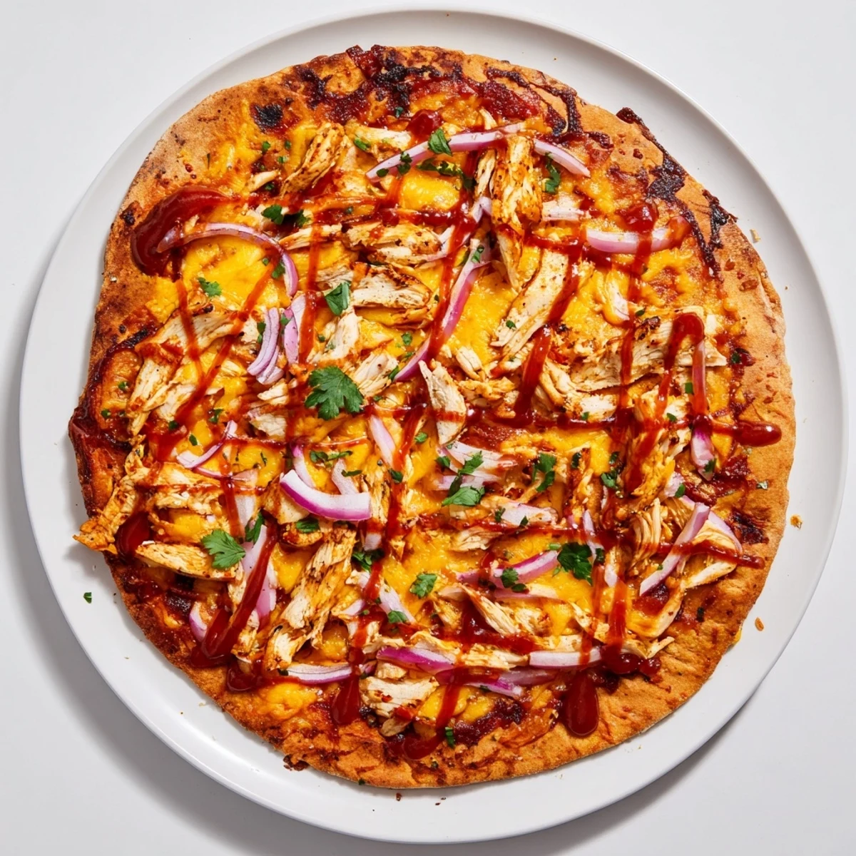 Slice of BBQ chicken pizza drizzled with tangy sauce and sprinkled with chopped cilantro