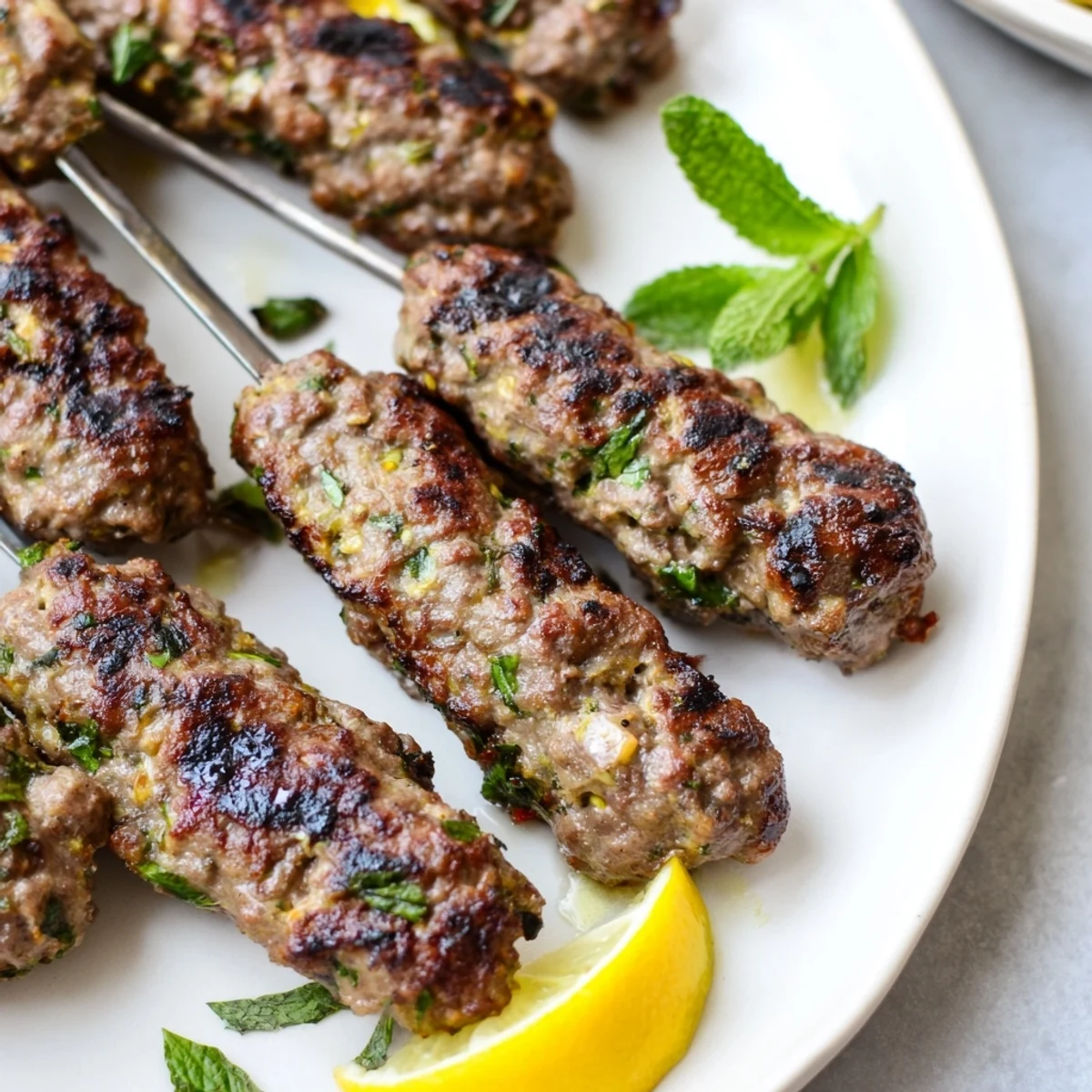Golden grilled lamb kofta kebabs skewered and charred to perfection with fresh herbs