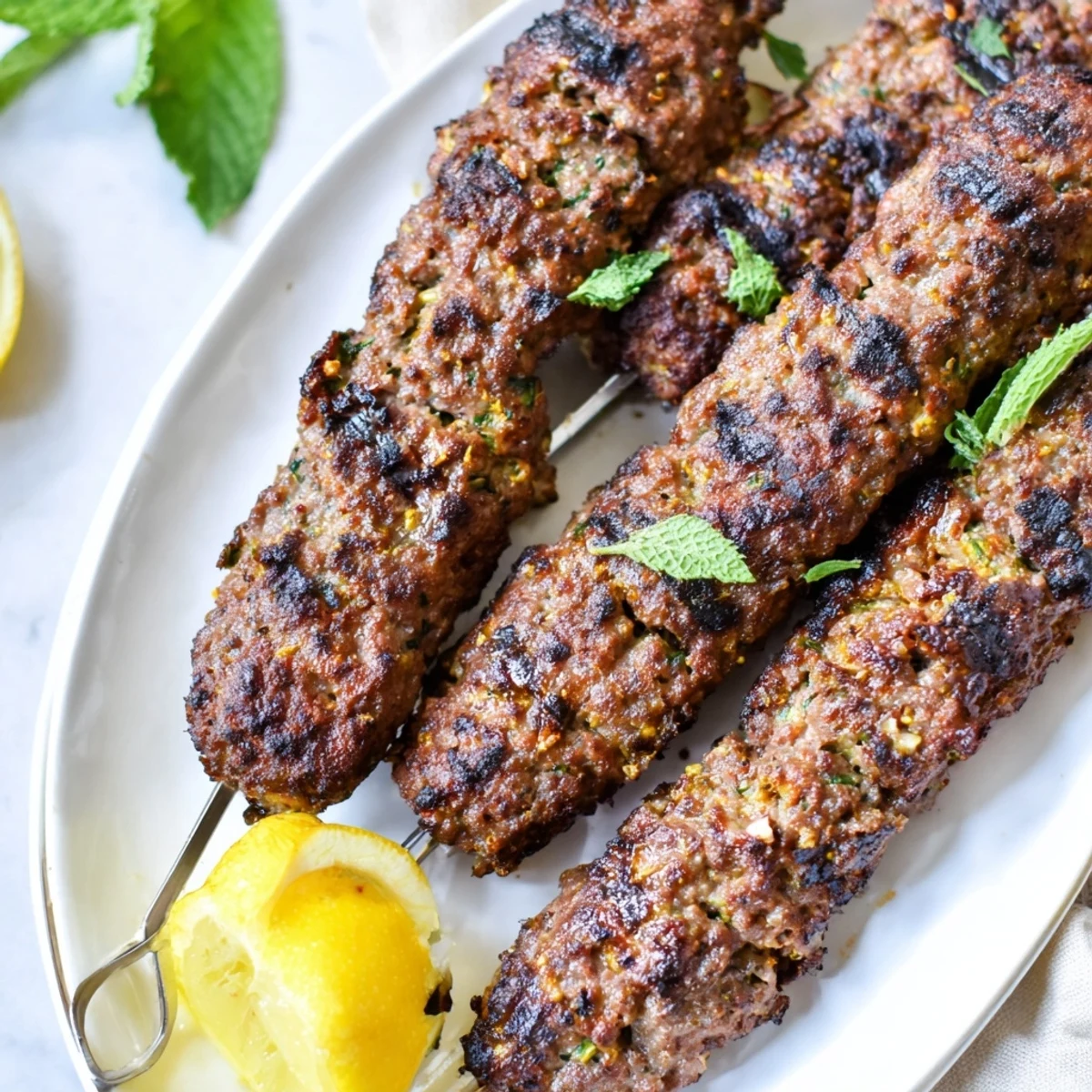 Homemade lamb kofta kebabs sizzling on the grill with aromatic spice blend visible
