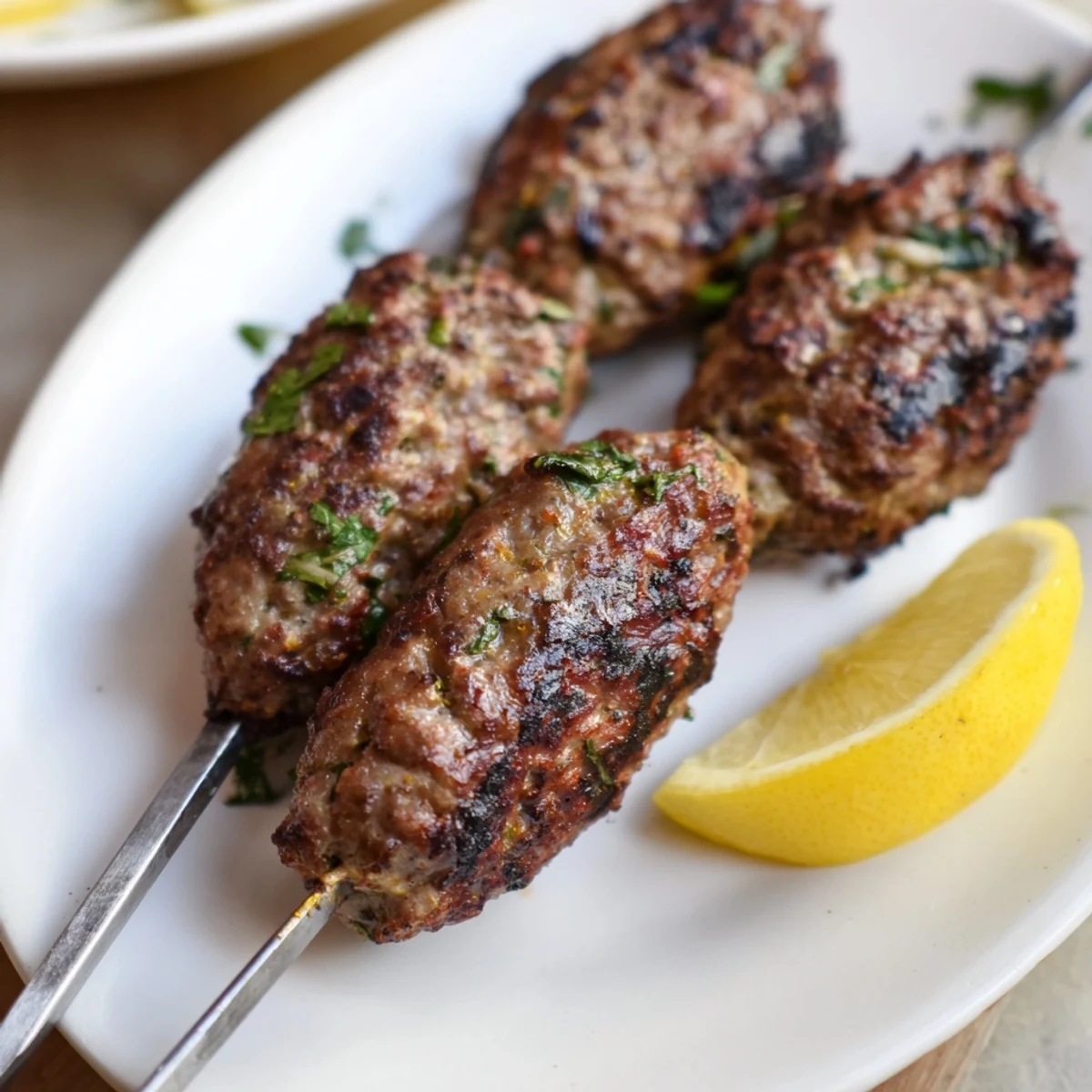 Juicy Middle Eastern lamb kofta kebabs served with lemon wedges on a platter