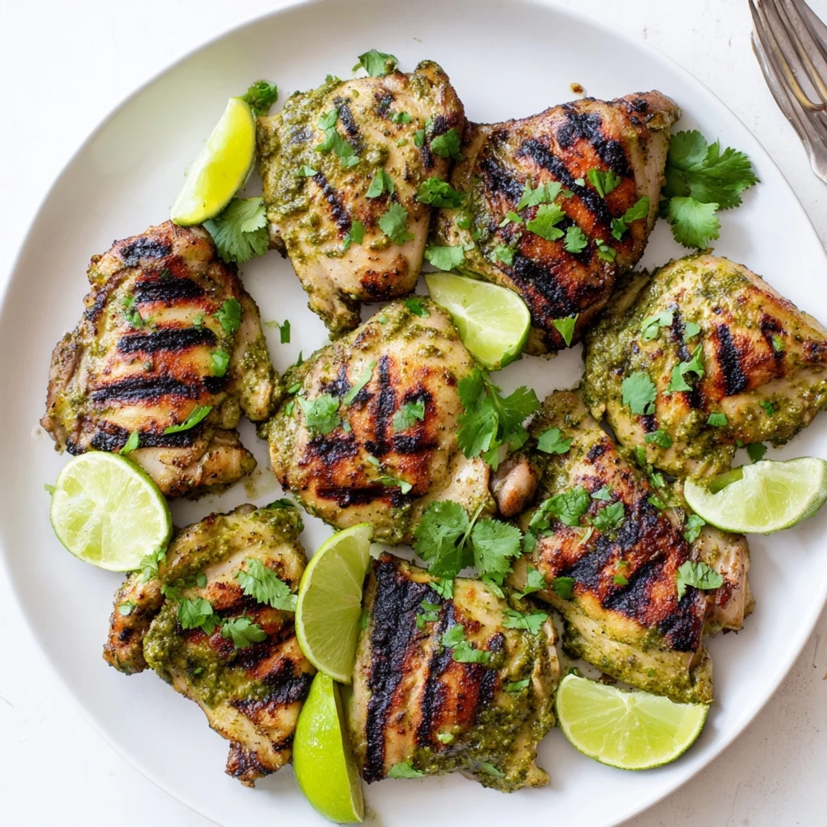 Golden grilled cilantro lime chicken thighs with zesty char marks and fresh herb garnish