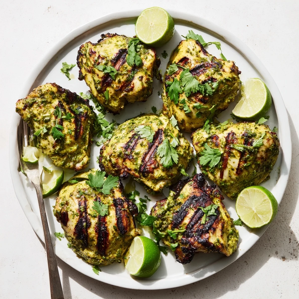 Mexican-inspired grilled chicken plated with lime wedges showcasing tender caramelized exterior and vibrant green herbs