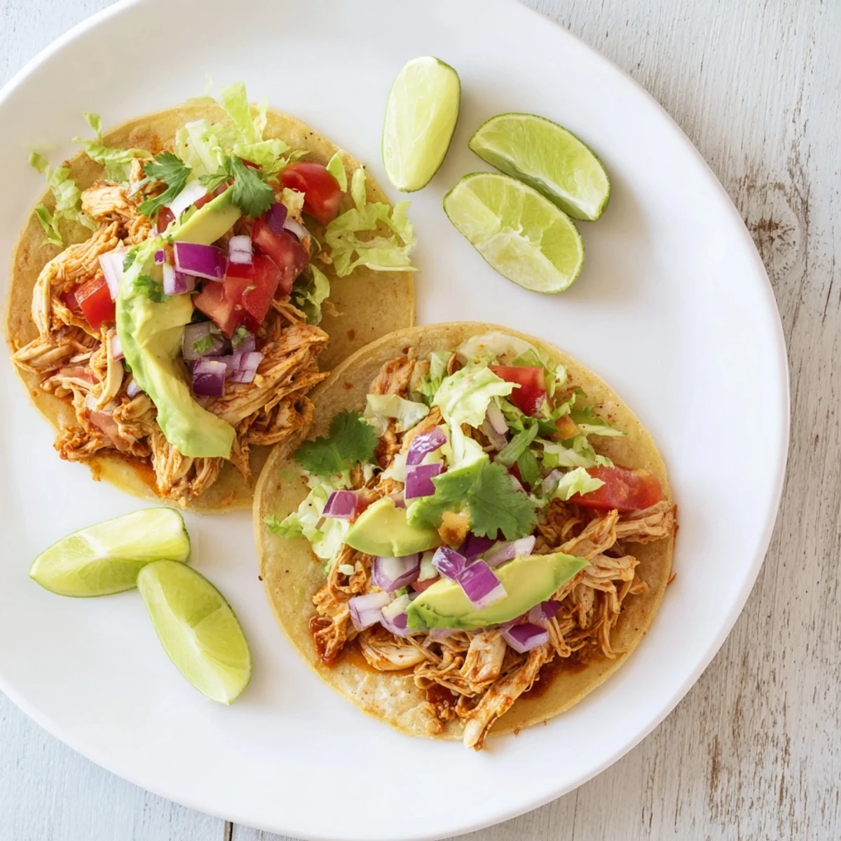 Golden slow cooker chicken tacos loaded with tender spiced meat and colorful fresh toppings on warm tortillas