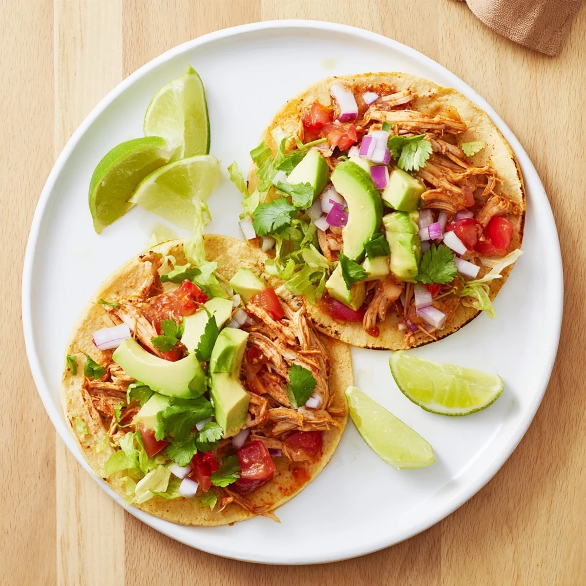 Delicious shredded chicken tacos simmered in Mexican spices served with crisp lettuce creamy avocado and zesty lime