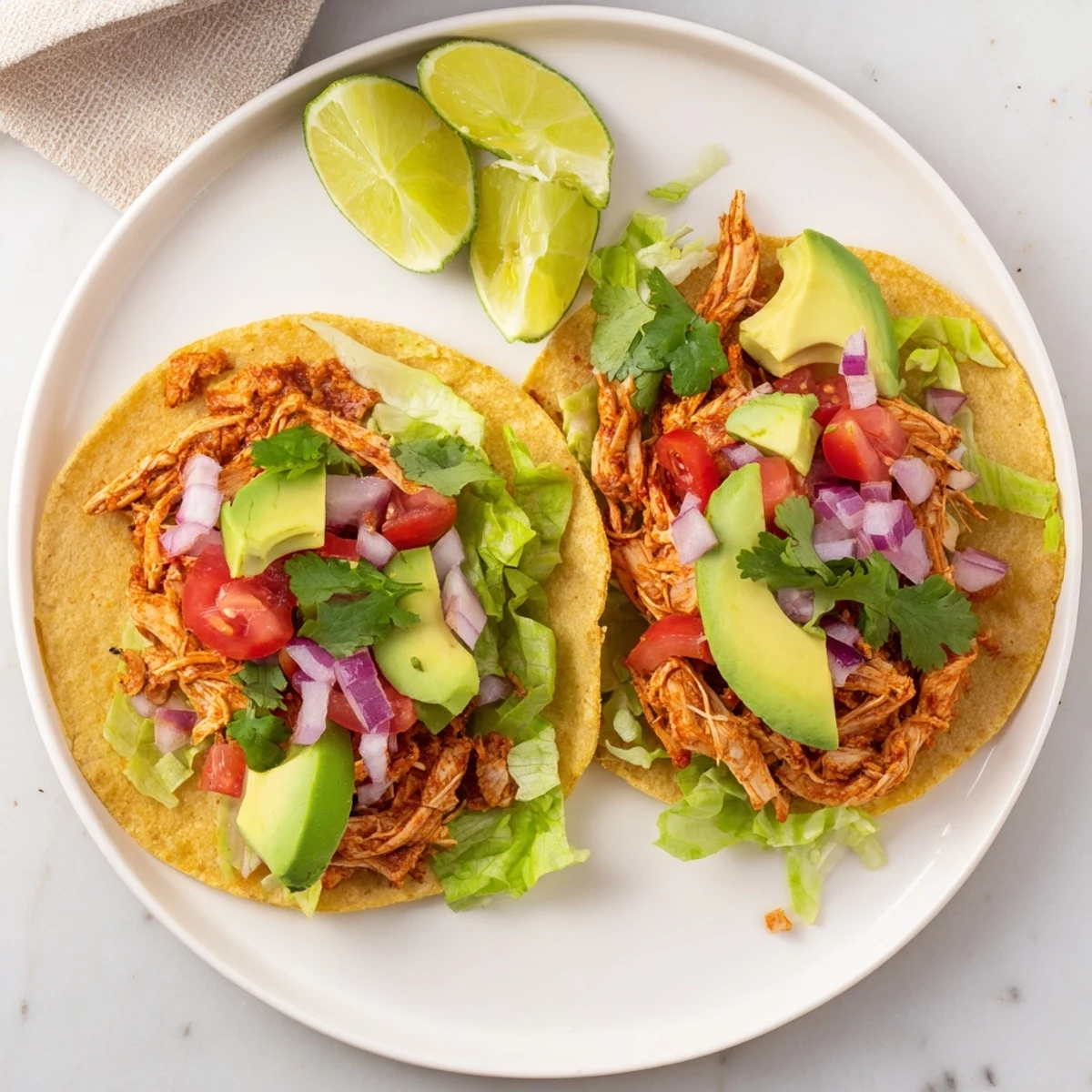Easy slow cooker chicken tacos featuring juicy seasoned meat piled high inside soft corn tortillas with vibrant garnishes