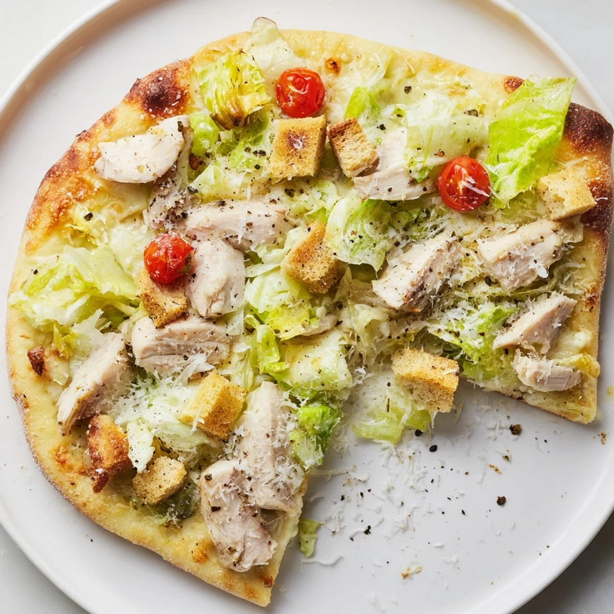 Golden chicken Caesar salad pizza topped with fresh romaine and melted mozzarella on a crispy crust